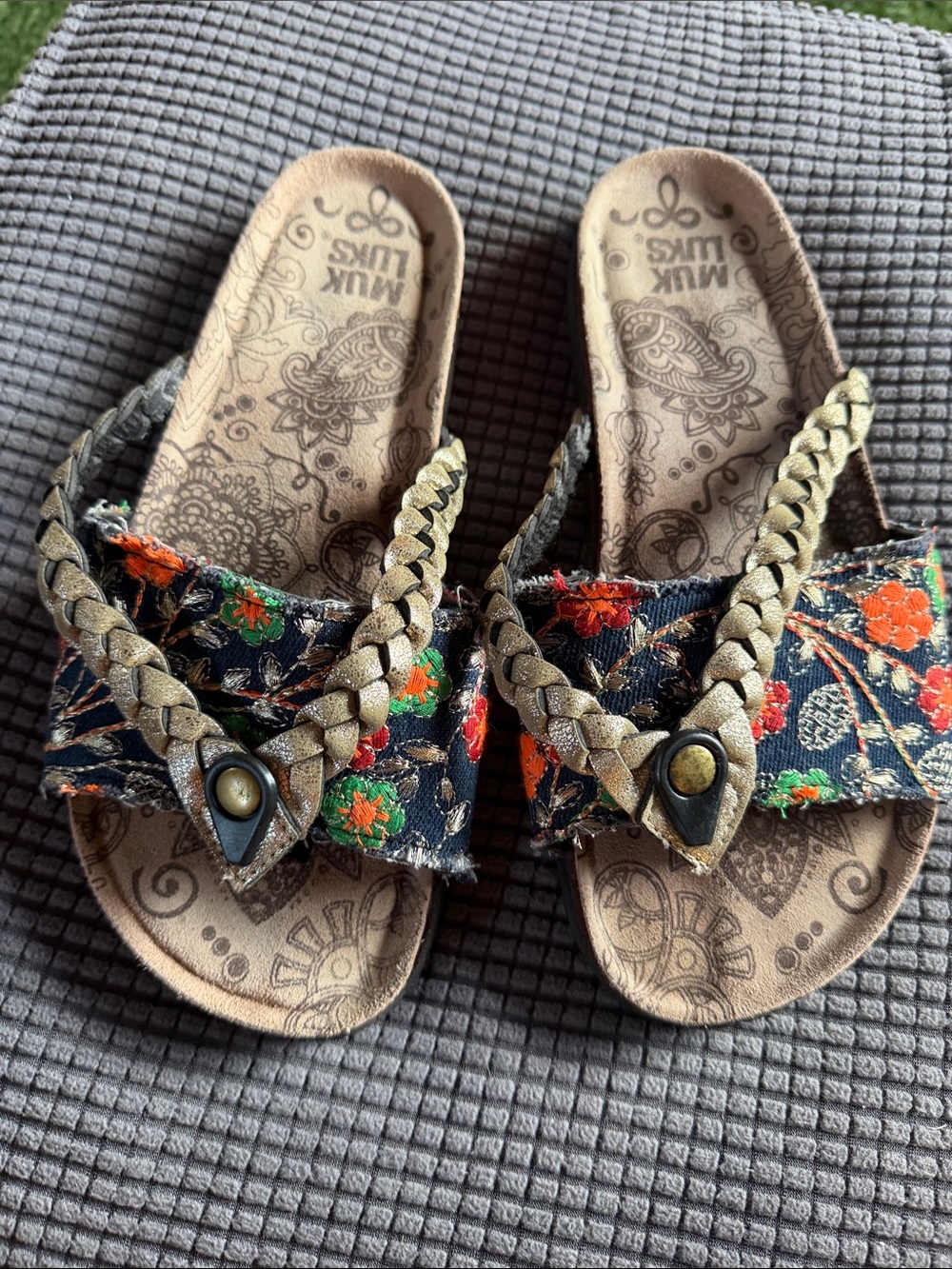 Muk Luks Floral Braided Slide Sandals - Black with Orange & Green Accents